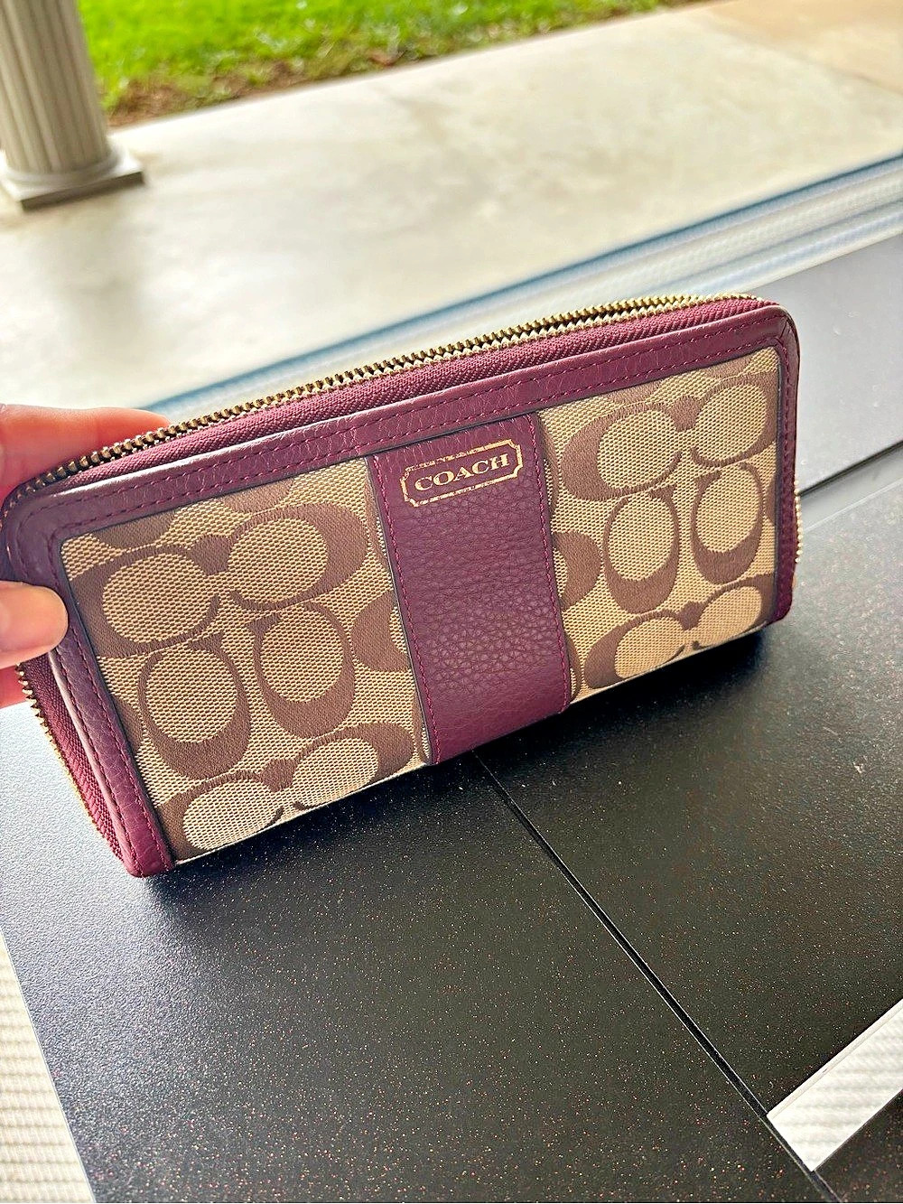 Coach Signature Stripe Accordion Zip Around Wallet Pink & Brown